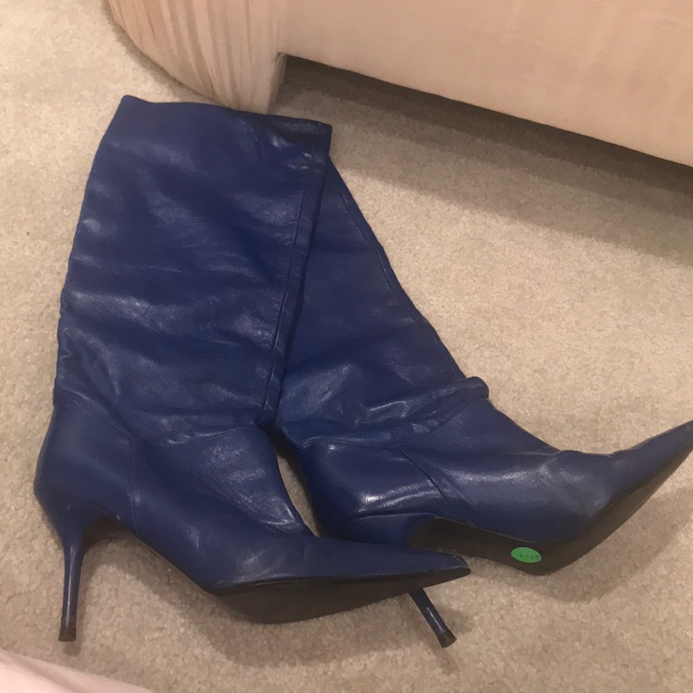 Azure blue leather stiletto boots